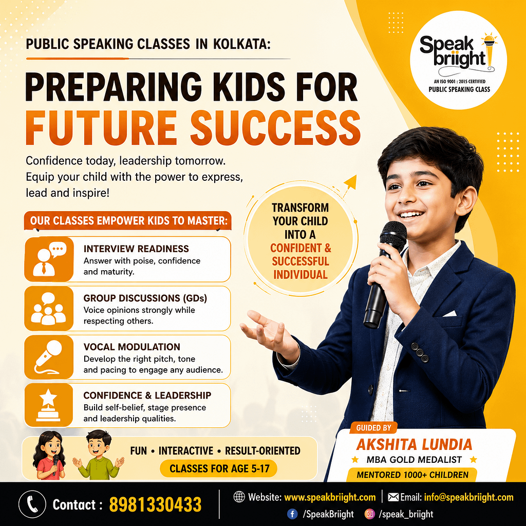 A child speaking confidently on stage during Public Speaking Classes in Kolkata at Speak Briight Academy
