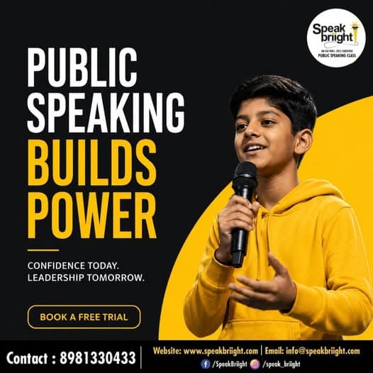 A confident young boy holding a microphone at Speak Briight, the leading academy for Public Speaking Classes in Kolkata