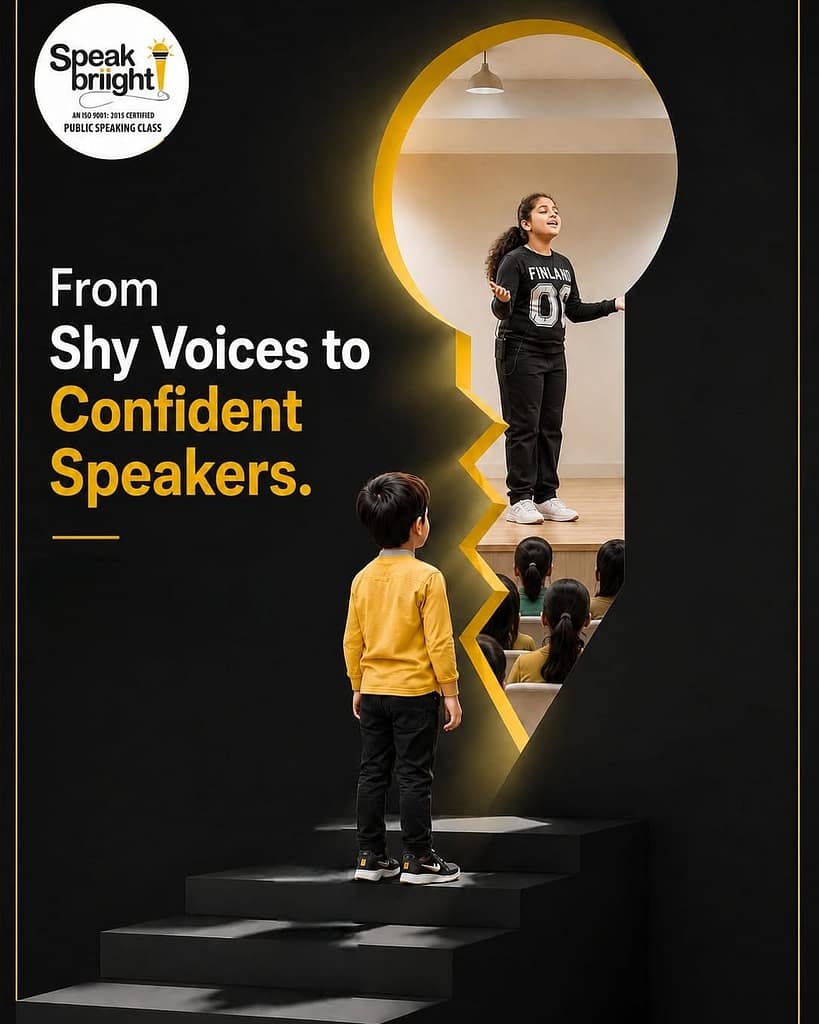 A child stepping through a keyhole doorway from shy voice to confident speaker during Public Speaking Classes in Kolkata at Speak Briight Academy